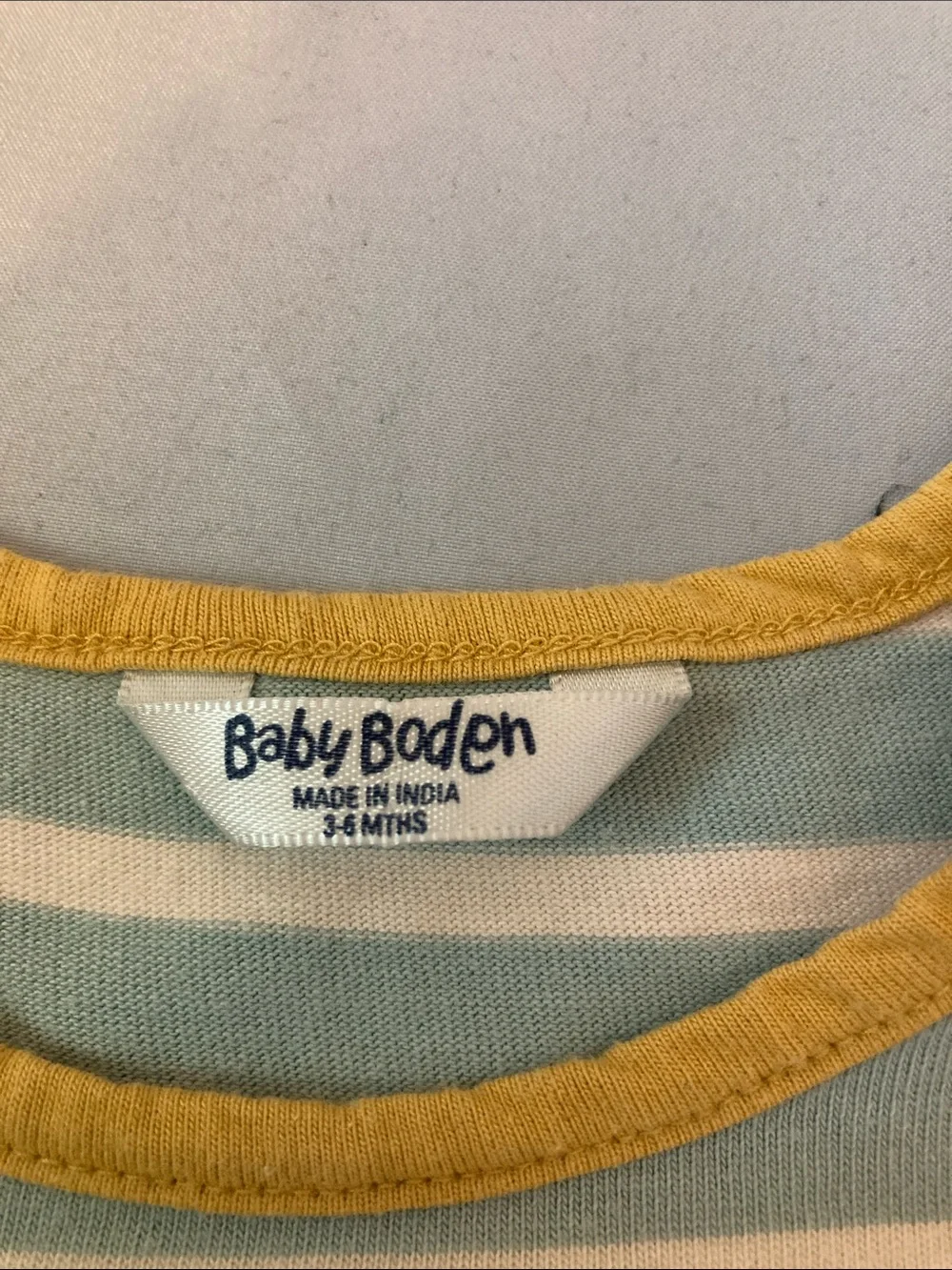 Baby Boden Mint & White Striped Dress with Yellow Flower Appliqué